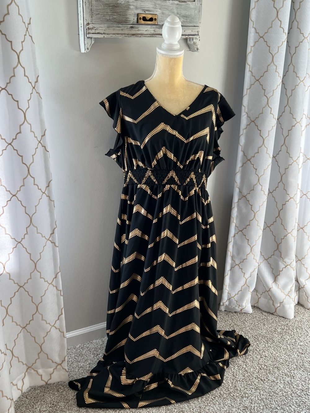 Black and Gold Chevron Maxi Dress - Elegant Women's V-Neck